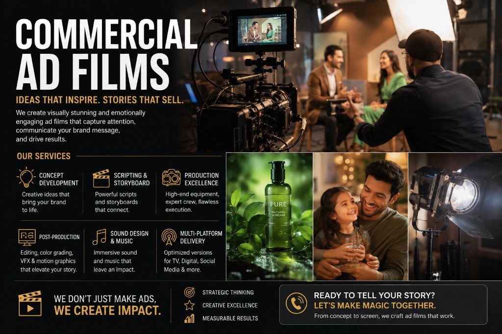 Commercial ad film production services in India — concept development, scripting, cinematic production, post-production, and multi-platform delivery by Red Hot Media House
