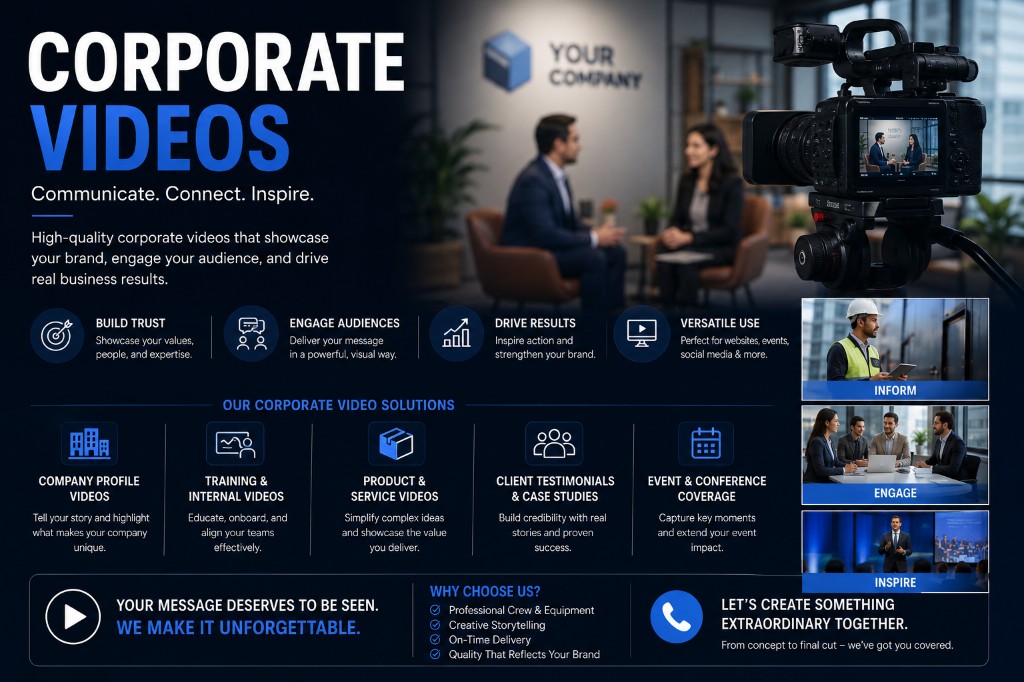 Corporate video production services in India — company profile videos, training films, product demos, client testimonials, and event coverage by Red Hot Media House