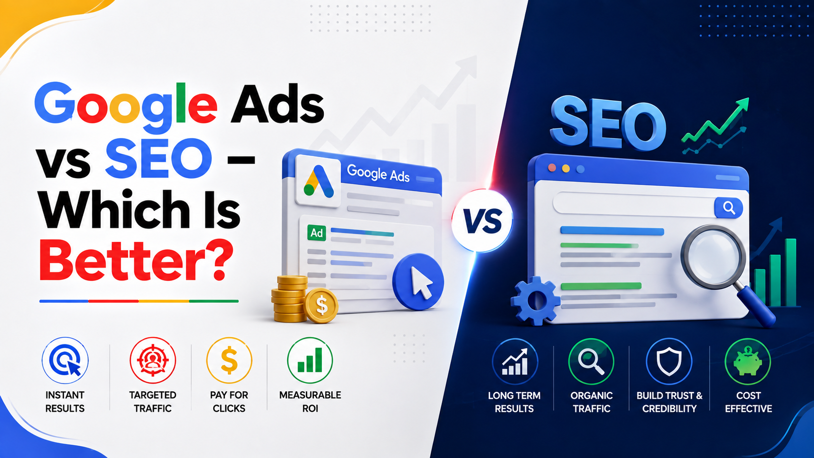 Google Ads vs SEO comparison by Red Hot Media House, Google Ads marketing agency in Noida