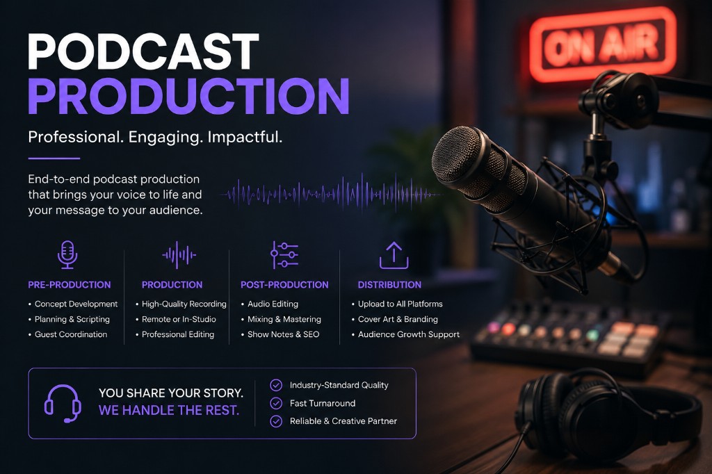 Professional podcast production services in Noida, India — pre-production, studio recording, post-production editing, and multi-platform distribution by Red Hot Media House
